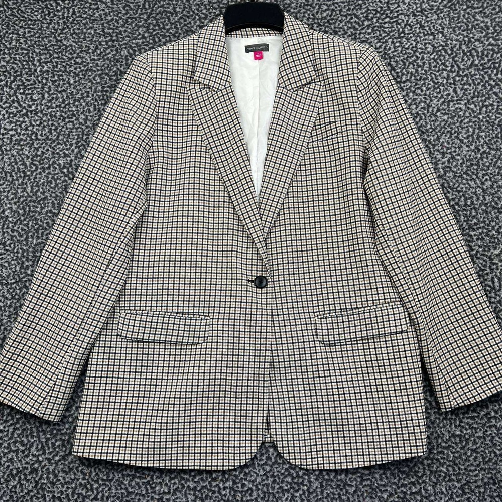 Vince Camuto Blazer Jacket Women Large Plaid One Button Tan Black Long Sleeve L
